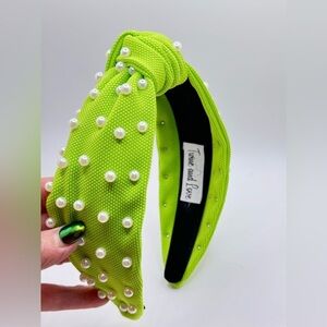 Neon Lime White Pearl Knot Headband